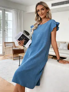 A women's casual blue round neck loose fit dress with lotus leaf sleeves suitable for daily street photography, dating parties, vacations, etc