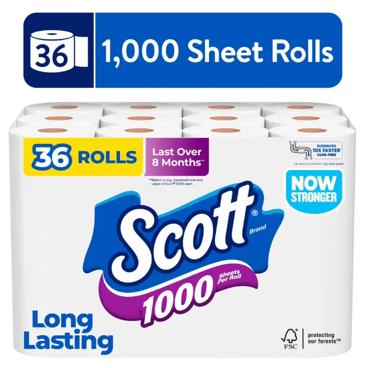 Scott Toilet Paper, 36 Rolls, 1000 Sheets Per Roll, Tissue, Bulk Bathroom Tissue, Septic Safe, Bathroom Tissue, Toilet Paper Bulk Pack, Household Paper, Value Pack Toilet Paper, Scott Tissue, Toilet Roll