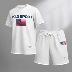 Men's Usa Polo Sport Print Drawstring Shorts Set For Spring/Summer. A Casual Summer Outfit, Including A Short-Sleeved Shirt And Shorts, Suitable For Everyday Wear And Sports. A Two-Piece Set For A Relaxed And Energetic Lifestyle.
