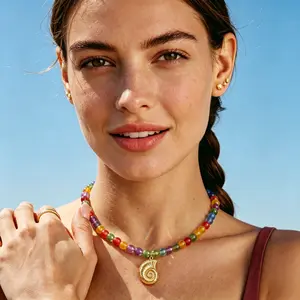 UV Reactive Dopamine Shell Necklace - Rainbow Beaded Choker - Waterproof - Summer Beach Jewelry Stainless Steel, Coastal Mermaidcore Stackable for Women