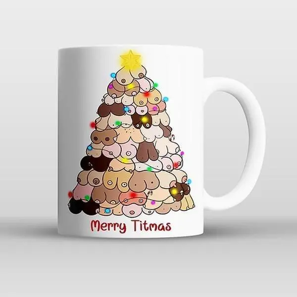 Funny Merry Titmas Mug, Adult Christmas Humor Cup, Naughty Holiday Gag Gift, Trendy Festive Coffee Mug for Men Women, Silly Winter Drinkware
