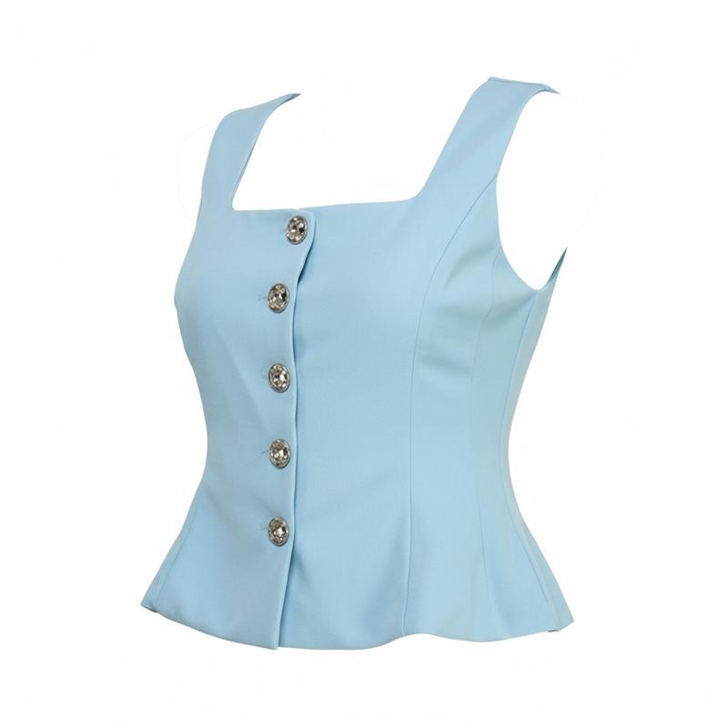 Blusa Legs - Light Blue Sleeveless Top with Button Details and Peplum Hem for Women