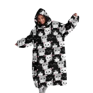 hoodie blanket，Wearable Blanket，Women's Hooded Blanket Sweatshirt, Cozy Hooded Blanket, Cartoon Cat Print Wearable Blanket, Fall Winter Sleepwear, Casual Loose Fit Homerobe with Big Pocket，Christmas Gift,Valentine's Day gift