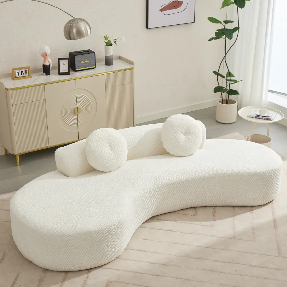 Beige Modern Minimalist Modular Curved Cloud Sofa - 3-4 Seater, Point-Shaped Corduroy Anti-Wrinkle Fabric Couch with 2 Pillows, No Assembly Hassles, for Bedroom