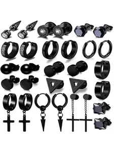 Men's Black Earring Set 12 Pairs, Stainless Steel Punk Stud & Hoop Earrings with CZ, Cross & Spike Designs, Thick Studs, Punk Style Earrings