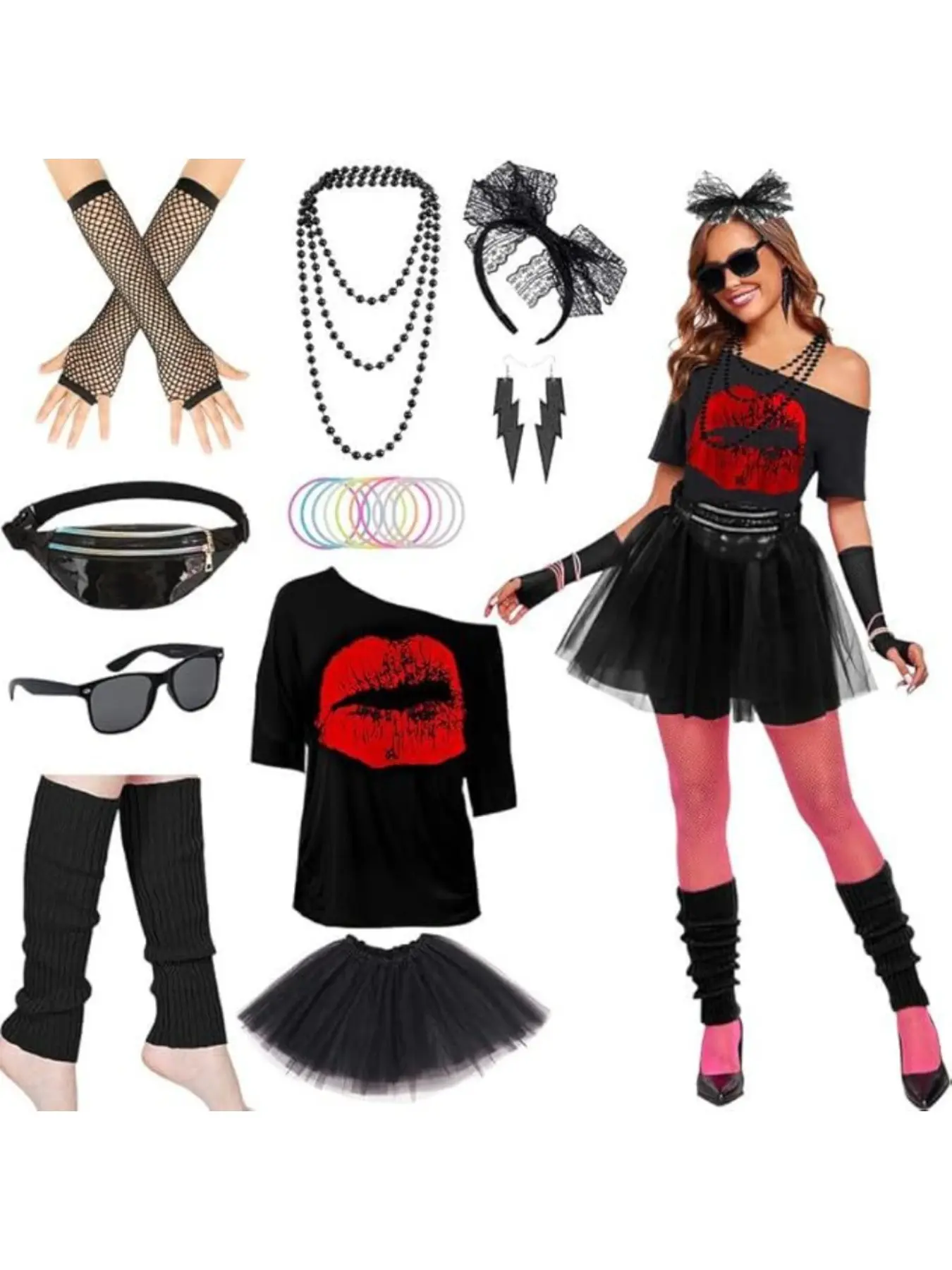 1980s Retro Party Set, Drop Shoulder T-Shirt + Tutu Skirt + Waist Pack + Necklace + Bracelet + Earrings + Foot Covers, Adult Prom Performance Costume, Full Disco Outfit