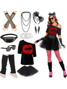 1980s Retro Party Set, Drop Shoulder T-Shirt + Tutu Skirt + Waist Pack + Necklace + Bracelet + Earrings + Foot Covers, Adult Prom Performance Costume, Full Disco Outfit