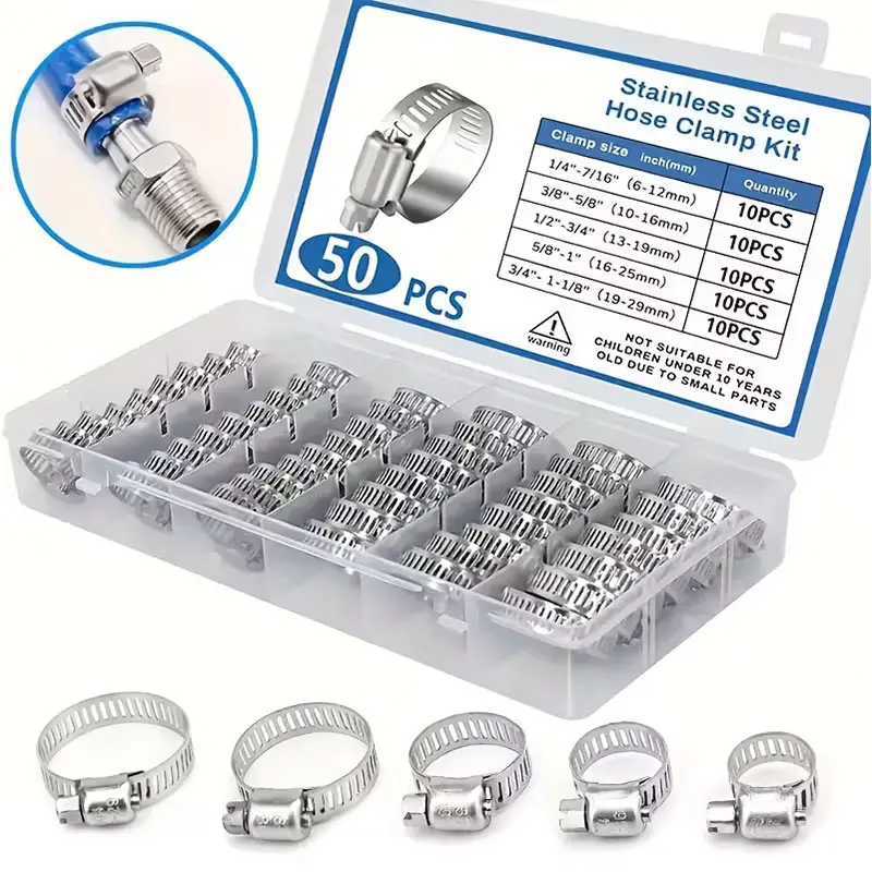 50pcs Stainless Steel Hose Pipe Clamp Set - Pipe Fittings, Worm Gear, 1/4" to 1-1/8", Perfect for Plumbing & Auto Applications