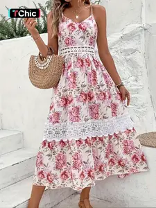 Women's Floral Print Cami Spaghetti Strap Dress, Elegant Boho Sleeveless Dress for Beach Holiday Vacation, Ladies Summer Clothes