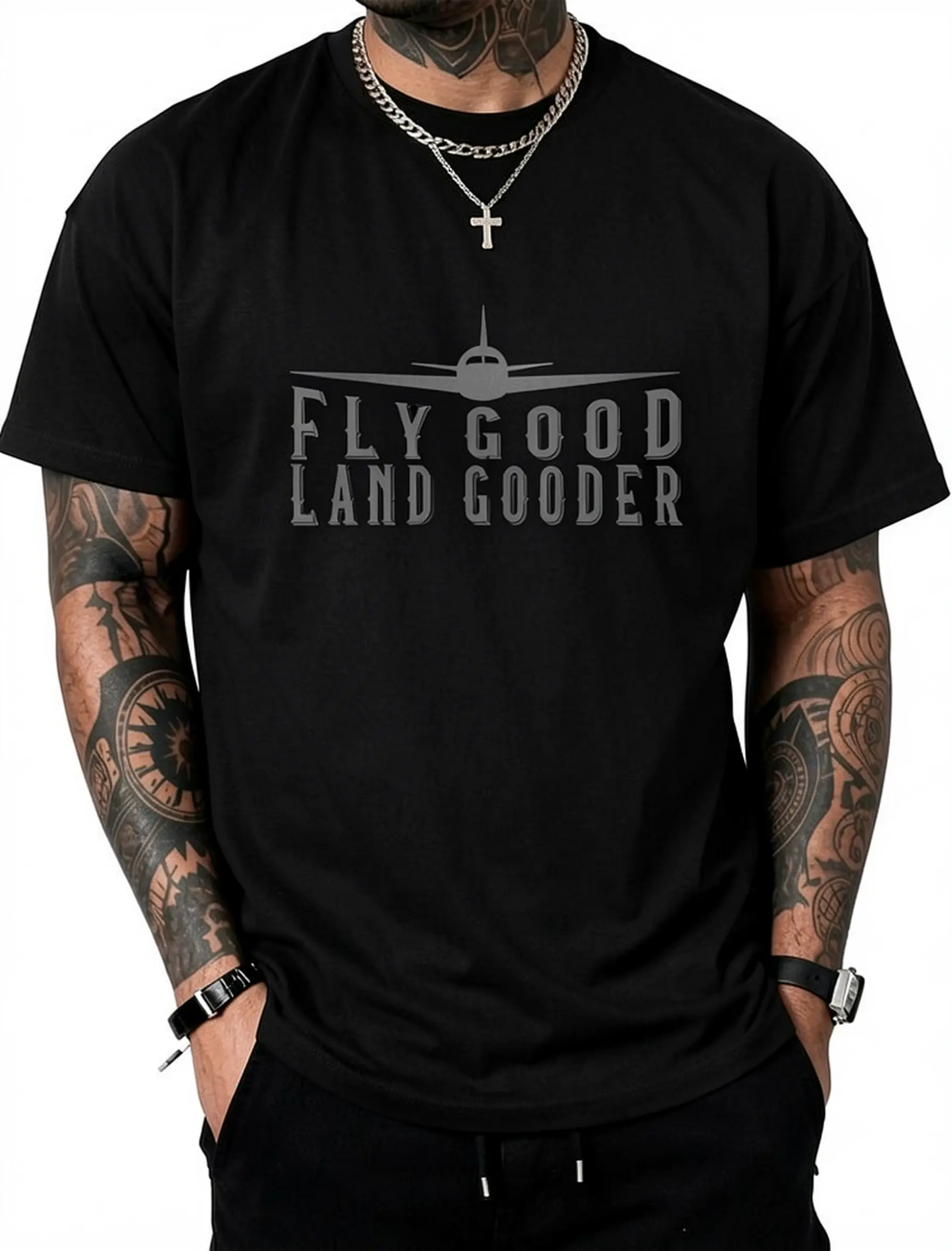 Fly Good Land Gooder Funny Pilot Aviation Airplane Saying T-Shirt Pure Cotton Graphic Tees Menswear Top: Gifts for Men & Women