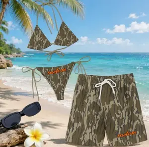 Custom Matching His & Hers Camo Beach Set | Camouflage Bikini for Women and Men's Swim Trunks | Summer Vacation Couple Outfit Gift