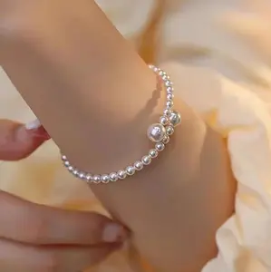 French Vintage Open Bridal Pearl Bracelet, Gold Plated Adjustable Open-End Pearl Bangle Elegant for Wedding Party Back to School Autumn Christmas Gift