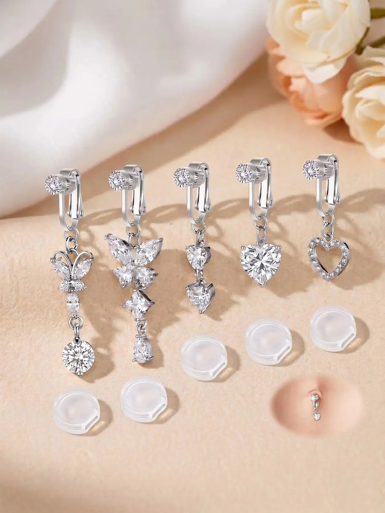 Non-Piercing Stainless Steel Navel Clip, Faux Belly Ring Featuring a Butterfly-and-Heart Design Inlaid with CZ Zirconia, Equipped with a Pain-Relieving Silicone Pad, and Designed Exclusively for Women, Body Jewelry, Fake Belly Piercing