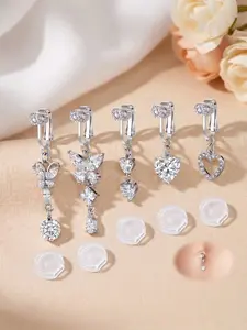 Non-Piercing Stainless Steel Navel Clip, Faux Belly Ring Featuring a Butterfly-and-Heart Design Inlaid with CZ Zirconia, Equipped with a Pain-Relieving Silicone Pad, and Designed Exclusively for Women