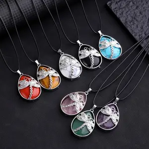 10Pcs/Pack 5pcs Punk Retro Colorful Charming Natural Stone Dragonfly Pendant+5pcs Black Wax Thread Set Suitable for DIY Necklaces, Keychains, Daily Jewelry Making Accessories