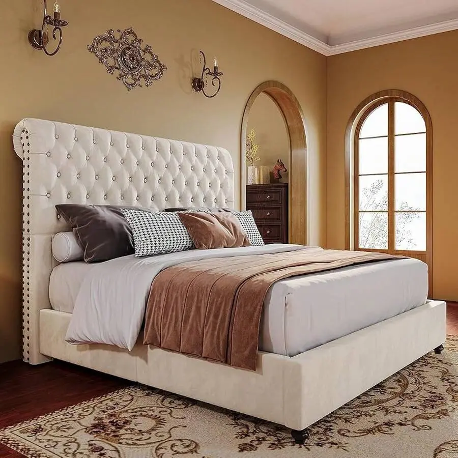 King Size Upholstered Platform Bed Frame with 52.8'' Tall Sleigh Headboard, Button Tufted Modern Design, No Box Spring Needed, Easy Assembly, Cream (Fits Queen-King Sizes), King Size Bed Frame