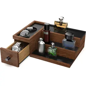 NiHome Handcrafted 3 Tier Wooden Cologne Organizer for Men, Perfume Stand Organizer Solid Wood W/Hidden Compartments, Multi-Level Storage for Modern Gentleman's Accessory Organization