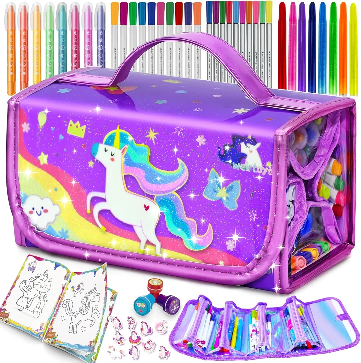 56 PCS Washable Scented Markers Set with Glitter Pencil Case, Mermaid Unicorn Arts and Crafts for kids 4-6-8 Kids Coloring Drawing Kits for 4-8 Years Old Girls Birthday Gifts Mother's Day Gift