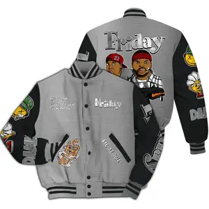 Friday Stress Varsity Jacket Unisex, Urban Graphic Streetwear, Chunky Letterman Bomber Coat, Retro Fashion Gift Idea