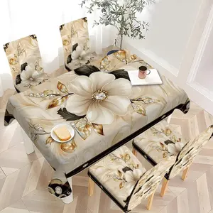 5/7 Piece Set Elegant Floral Print Chair Covers and Tablecloth Set, Dining Chair Slipcover, suitable for home, kitchen and dining room. It elegantly decorates tabletops and dining chairs, creating an exquisite dining atmosphere.