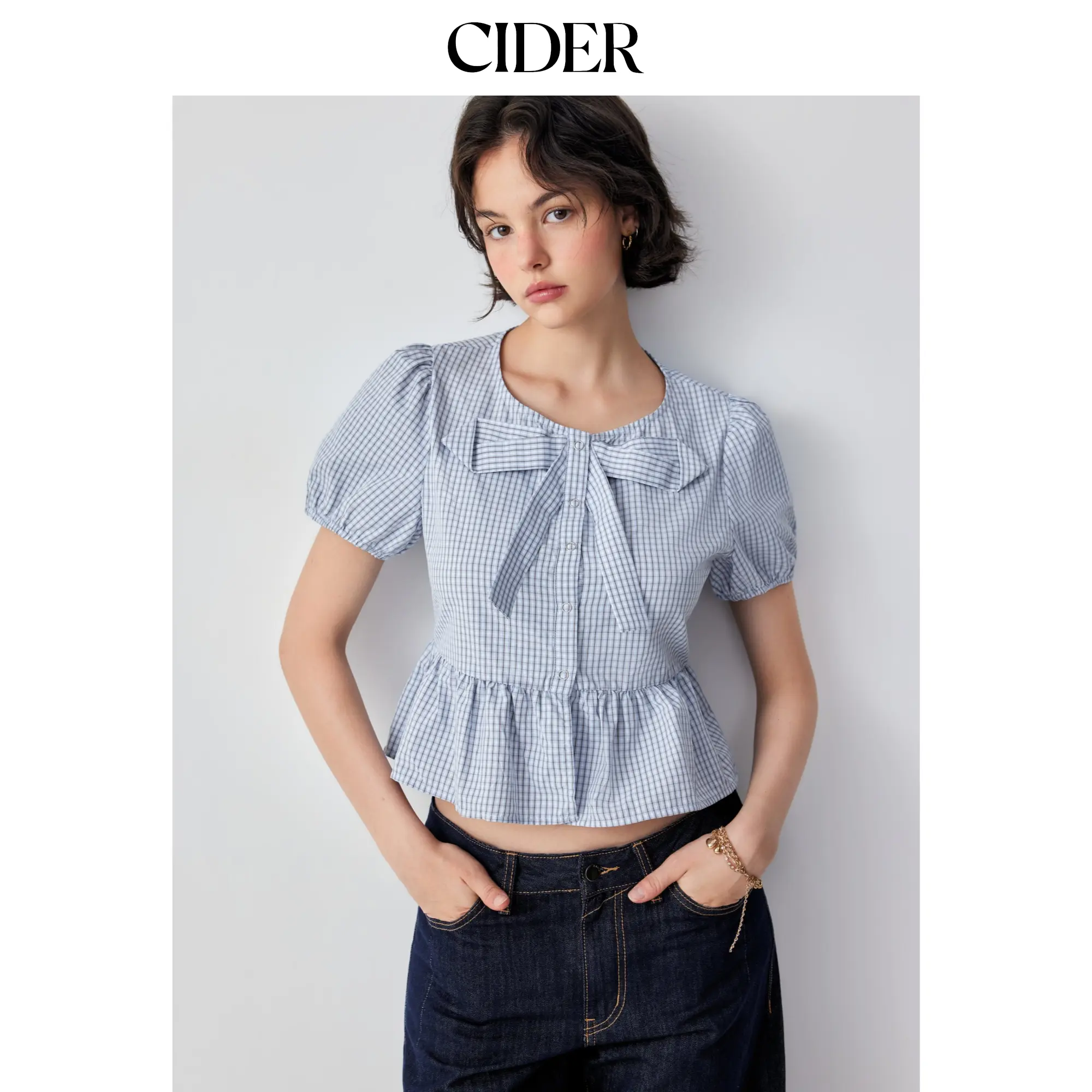 Cider Women's Casual Gingham Plaid Cotton-Blend Blouse with a Crew Neck, Puff Short Sleeves, Bowknot and Peplum Hem, Shortsleeve, Round Neck, Blouse Top, Puff Sleeve, Lady