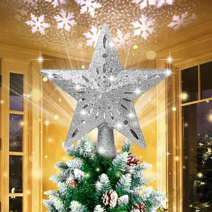 Christmas Tree Topper Lighted with Snowflake Projector, LED Rotating Hollow Snowflake,  Glitter Lighted  Snow Tree Topper for Xmas Tree Festival Decorations Lights
