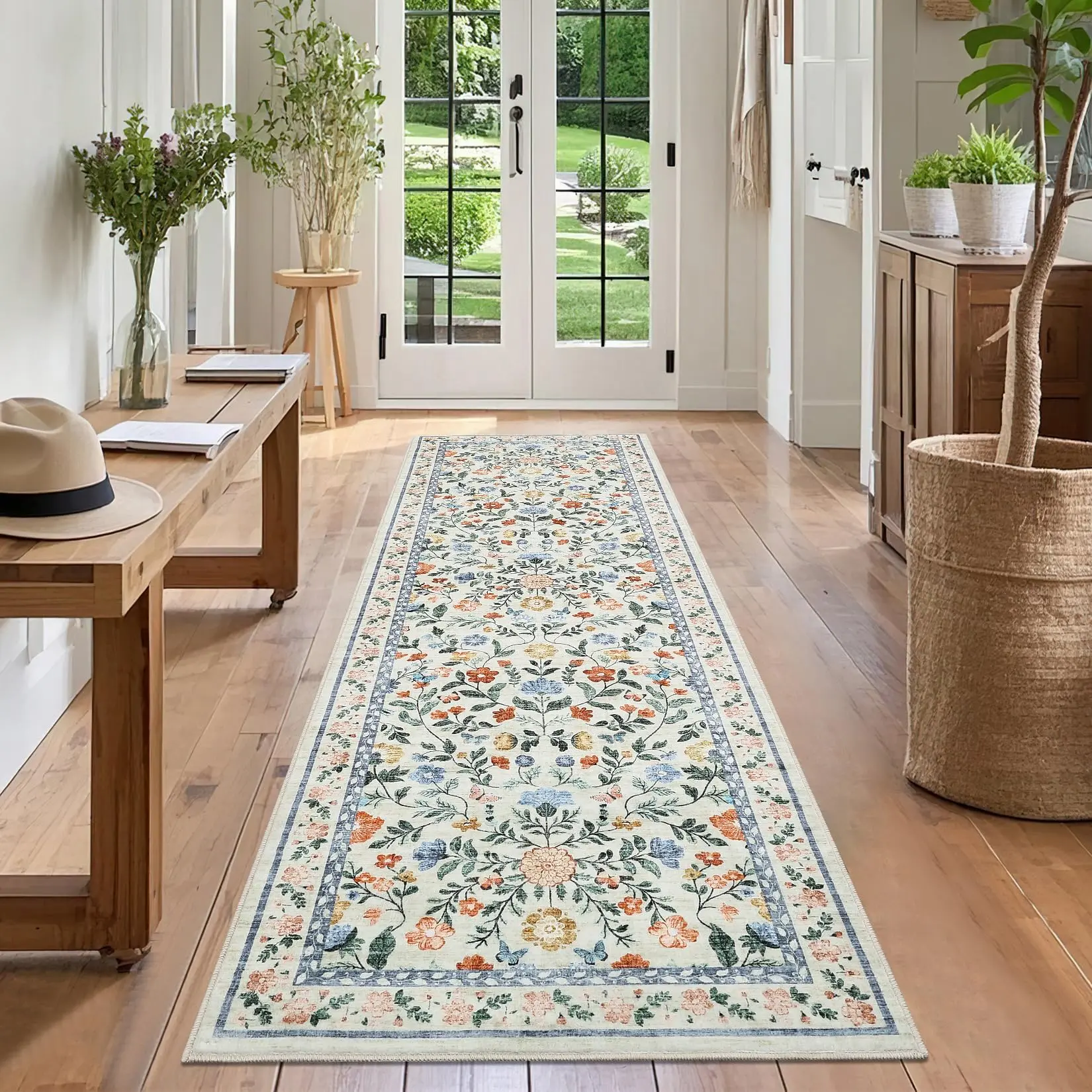 Washable Runner Rug 2 x 6 Non-Slip Non-Shedding Soft Vintage Bedside Rug, Low Pile Farmhouse Floral Carpet, Indoor Foldable Printed Entryway Rug for Hallway Kitchen, Green