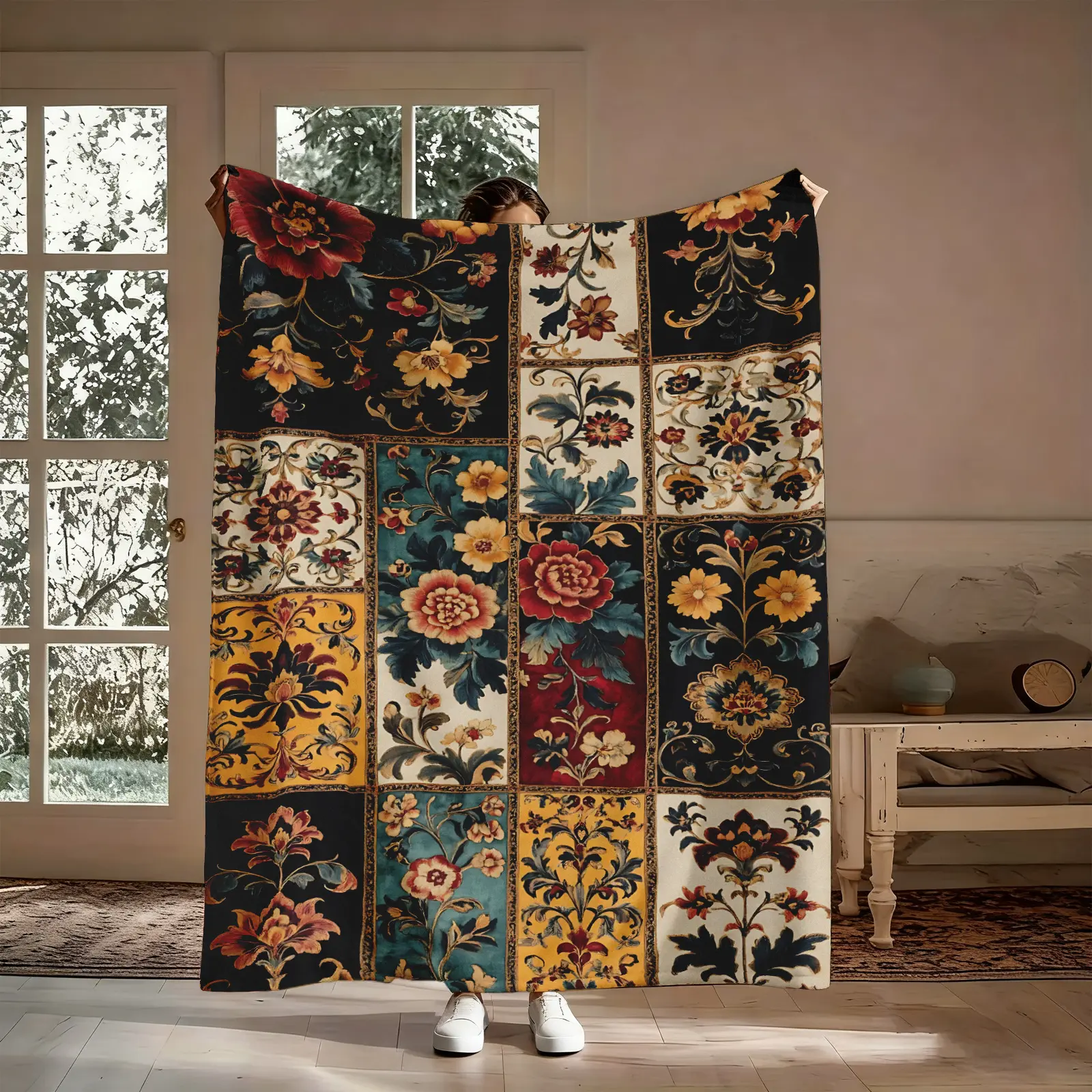 Vintage Floral Patchwork Pattern Blanket, 1 Count Soft Warm Flannel Throw Blanket, Cozy Nap Blanket for Home Decor