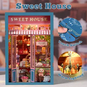 [Sweet House]DIY Book Nook Kit,Miniature 3D Wooden Puzzle Dollhouse for Adults Teens Light Up Bookshelf Insert Decor Craft Gift Model Build Sweet House Design creative diy toy bookshelf insert decor Artificial Colorful Animal Functional Ornament Pink