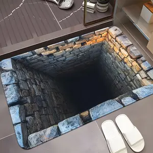 1pc Realistic Cave-In Stone Cellar Black Hole Illusion Doormat Non-Slip Absorbent Microfiber Floor Mat Washable Entrance Mat with 3D-like Stone Texture for Laundry Room for Cave Themed Parties (Halloween/Christmas) Dark Blue/Black