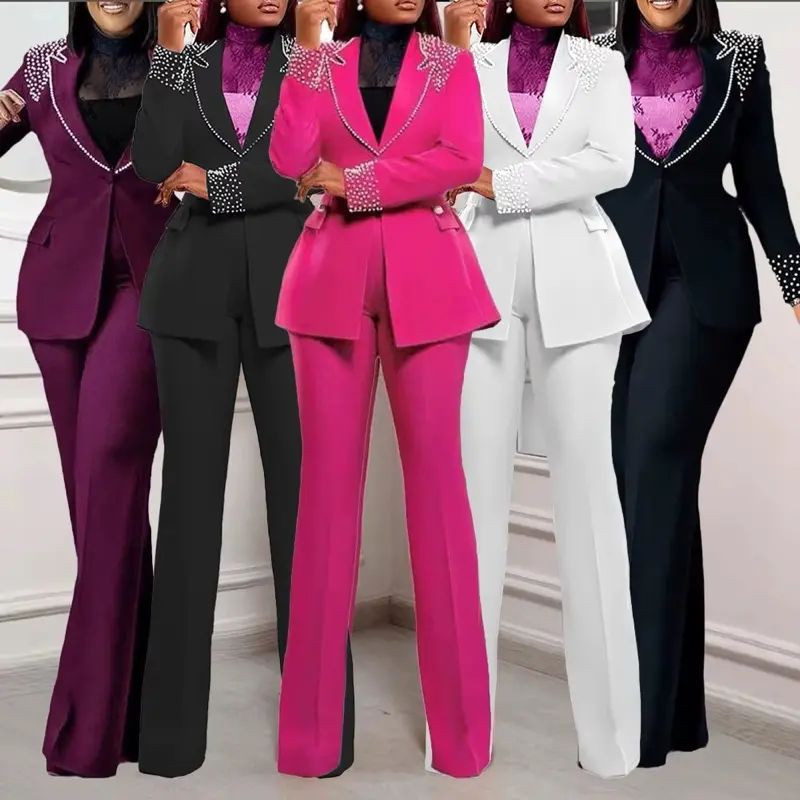 Women's Rhinestone Lapel 1-Piece Suit Set, Including Blazer and Wide-Leg Pants