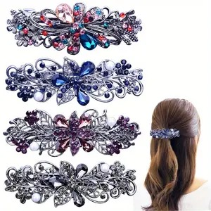 4pcs Elegant Floral Crystal & Pearl Hair Barrettes for Women - Vibrant Gemstone Spring Clips, Fashionable Ponytail Holders, Ideal Mother's Day Gift