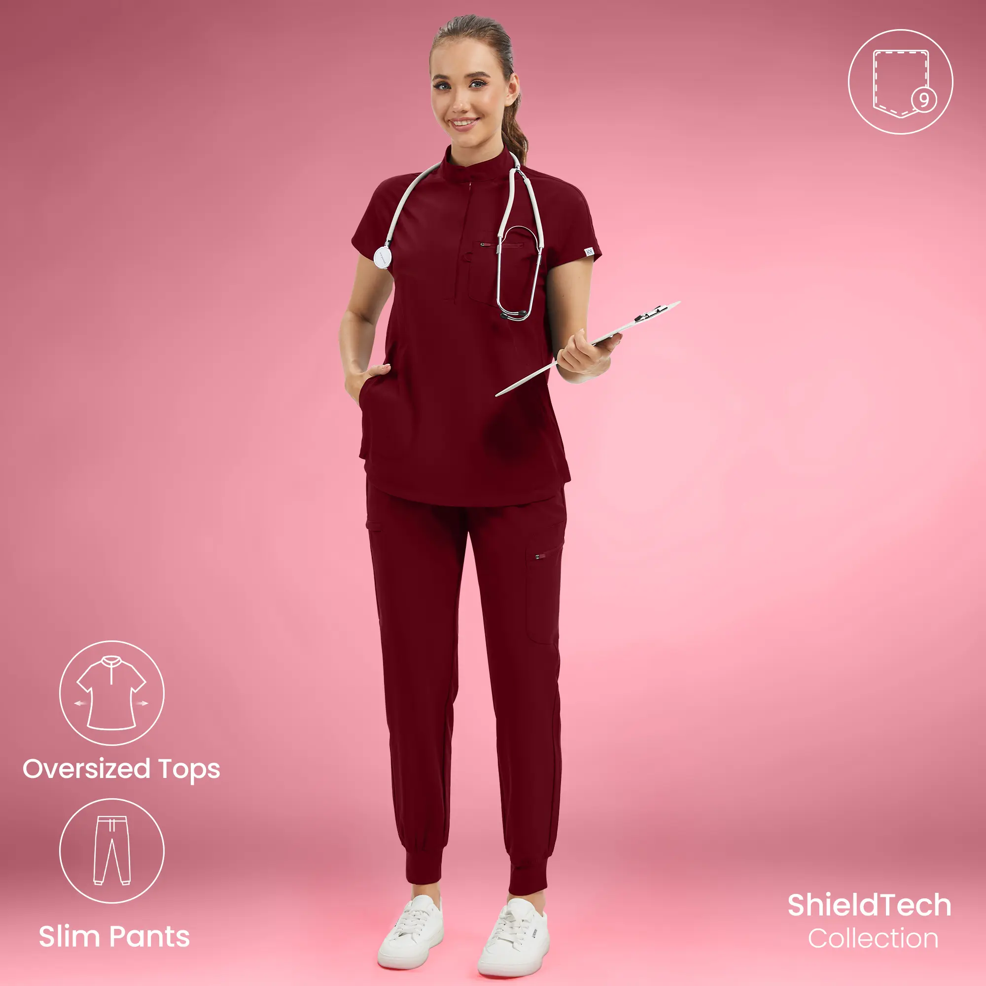 Kitmaz Women's Nurse Scrubs Uniforms 2-Piece Set - Convertible Mandarin/V-Neck Short Sleeve Polyester Top & Jogger Pants, 9 Pockets, Wrinkle-Proof, Splash-Proof, Plus Size Women's Clothes