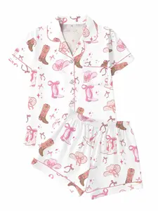 Spring Summer Women's Cardigan Lapel Short Sleeve Shorts Set, Western Style Printed Casual Home Wear, Loose Fit Comfortable Sleepwear Loungewear Pjs