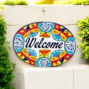 Talavera Welcome Plaque Colorful Floral Design Outdoor Decorative Sign for Home Entrance