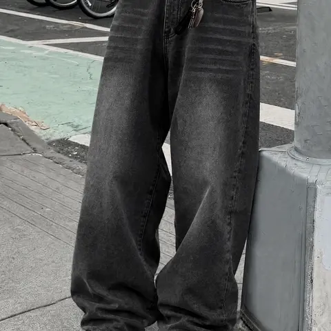 Men's Baggy Low-Rise Denim Jeans - H-Type, 2000s Aesthetic, Chic, Rock, Preppy, Vintage Grunge, Vintage Worn, Urban Hip Hop Casual Streetwear Pants with Pockets for Daily Wear