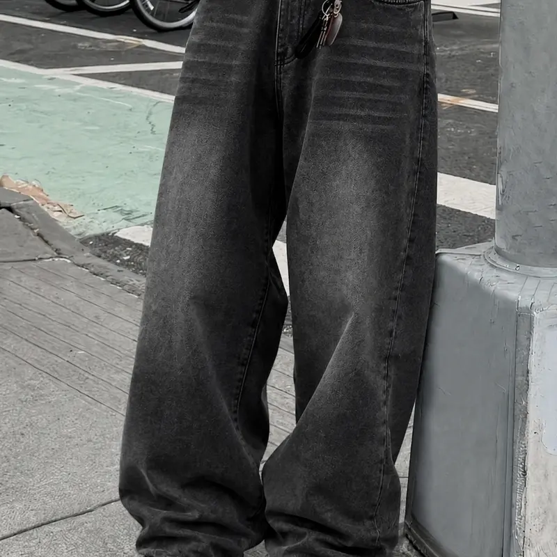 Men's Baggy Low-Rise Denim Jeans - H-Type, 2000s Aesthetic, Chic, Rock, Preppy, Vintage Grunge, Vintage Worn, Urban Hip Hop Casual Streetwear Pants with Pockets for Daily Wear