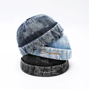 Denim Docker Hat Fashion Brimless Beanie Hat Retro Worker Skull Cap Rolled Cuff Sailor Cap Hip Hop Dancing Watch Cap