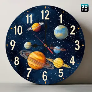 1pc Starry Sky Planets Wall Clock (25cm) - Silent Non-Ticking Wood Clock with Solar System Design, Ideal for Nursery, Classroom, Home Office, and Space-Themed Décor
