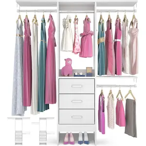 4FT Small Closet System with 3 Fabric Drawers，48'' Walk in Closet Organizer System With 3 Adjustable Shelves ＆ 3 Hanging Rods for Walk-in Closet