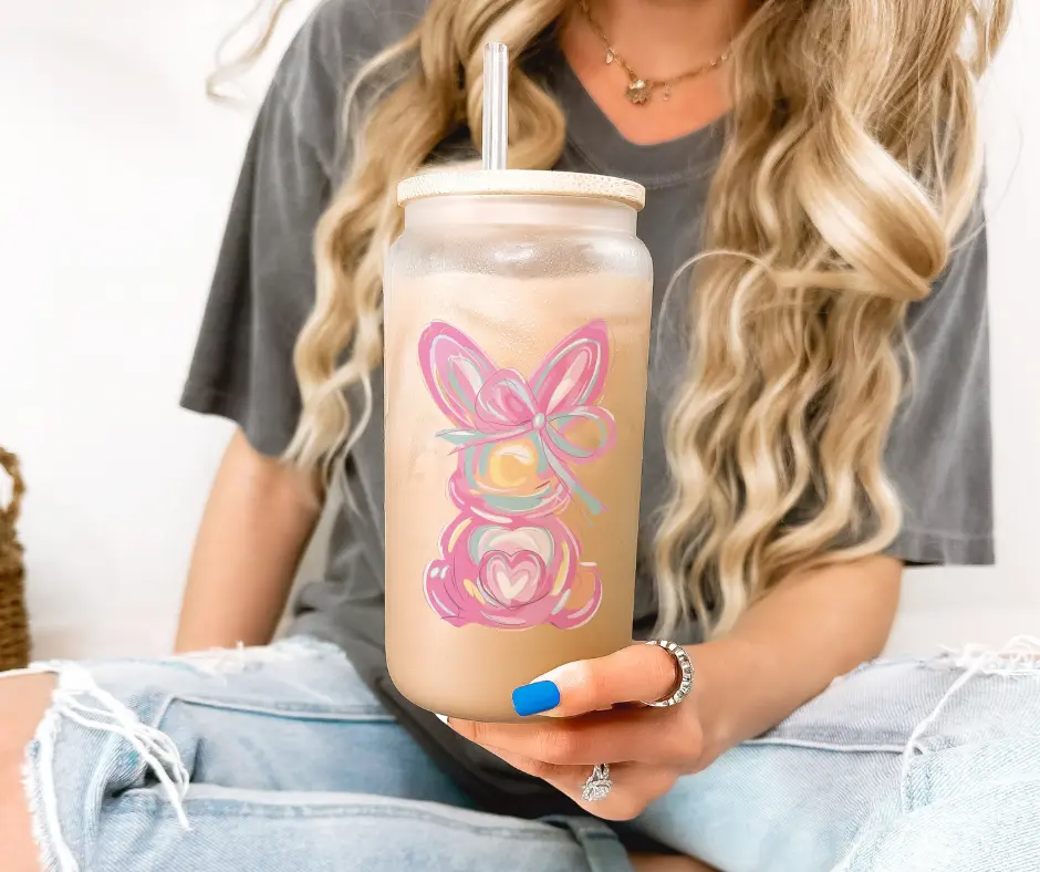 Watercolor Easter Bunny Glass Cup with Lid and Straw 16 oz, Easter Iced Coffee Cup, Bunny Glass Tumbler, Easter Holiday Stylish Mug Drinkware