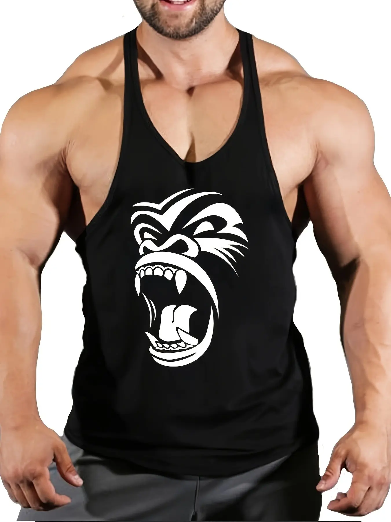 Men's Roaring Gorilla Head Fitness Tank Top, Sporty Graphic Sleeveless Shirt, Loose-Fit Muscle Training Wear, All Seasons