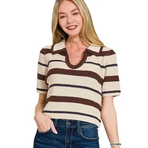 Womens Striped Collared Short Sleeve Cropped Sweater in brown and black