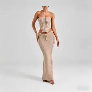 Crochet Knit 2 Piece Set for Women, Strapless Corset Top and Maxi Skirt for Summer Vacation Daily Wear