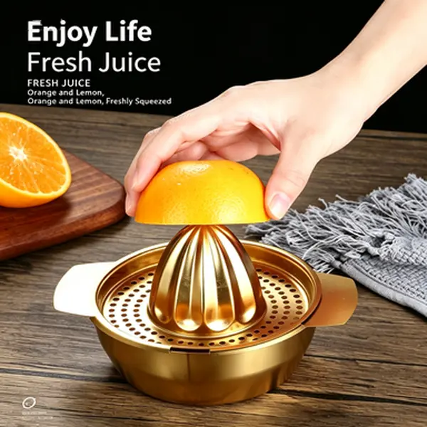 304 Stainless Steel Manual Citrus Juicer, Gold Hand Press Lemon Orange Squeezer with Strainer Bowl, Portable Reusable Fruit Juice Extractor for Home Kitchen