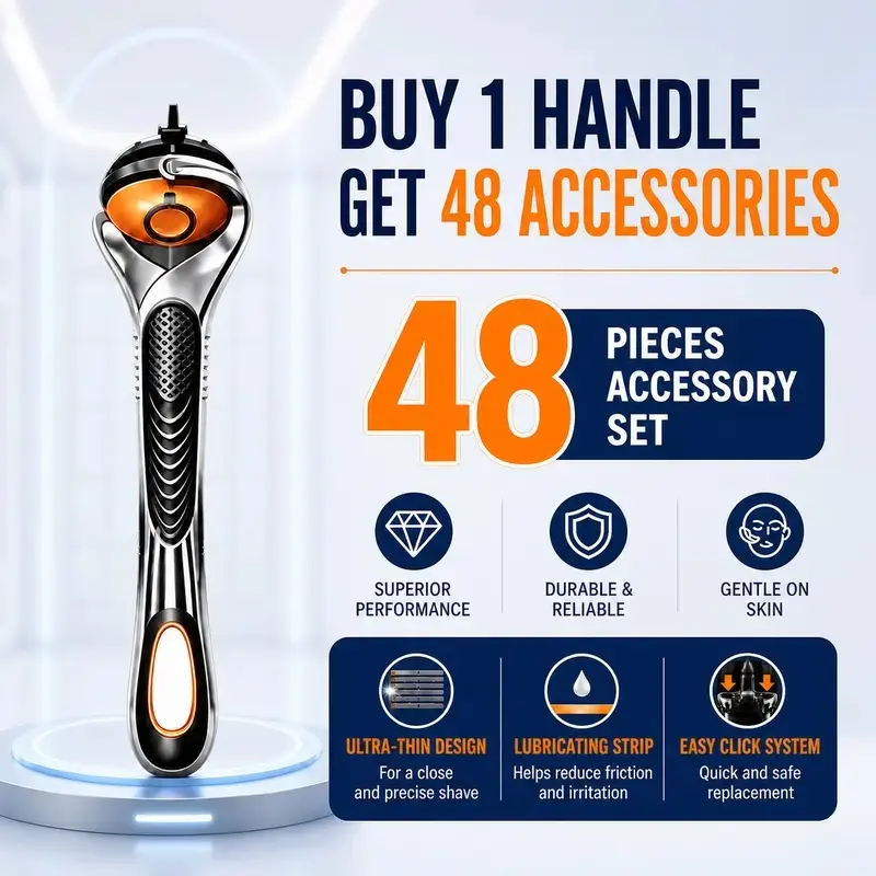 FUDUOO 48pcs Shaving Handle Set, Buy 1 Shaving Handle Get 48 Replacement Refills, Premium Men Grooming Kit, Ergonomic Comfort Grip, Balanced Weight, IPX7 Waterproof, Dermatologically Tested Materials, Gentle on Skin