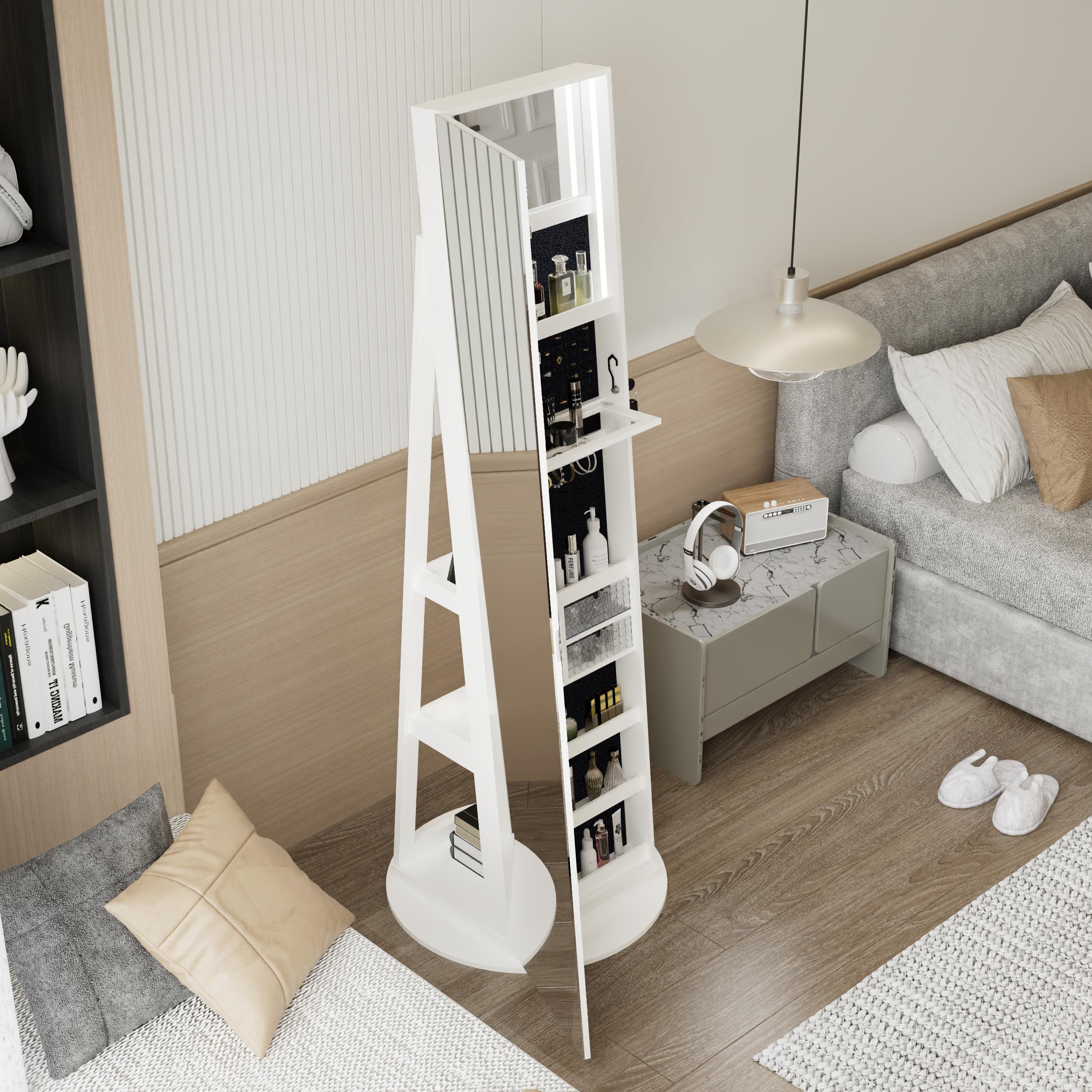 OPUL Large Storage Organizer for Jewelry, 360°Swivel Jewelry Cabinet with Full Length Mirror, 360°Rotating Standing Jewelry Armoire Organizer, Lockable Storage Cabinet, Interior Lighted Mirror, Space-Saving Organizer, Gift Idea, White