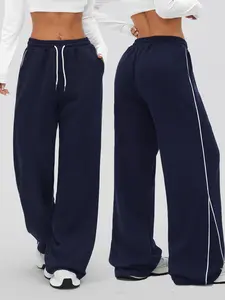 Women's Waffle Texture Loose Running Pants, Pants with Pockets, Casual Sporty Trousers, Side Colorblock Design, Straight Leg, Suitable for All Seasons Outdoor Sports