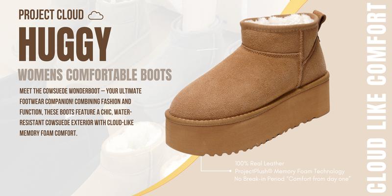 Project Cloud "Huggy" 100% Genuine Suede Leather Ankle Boots for Women Lightweight Memory Foam Fuzzy Boots Non-Slip Soft Fur Women Footwear