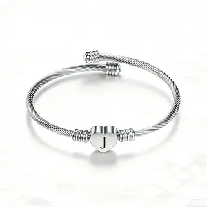 Dainty 26 Letter Silvery Adjustable Open Bracelets for Women Love Letter Design Bangle Jewelry Women's Accessories with Heart Initial Charm